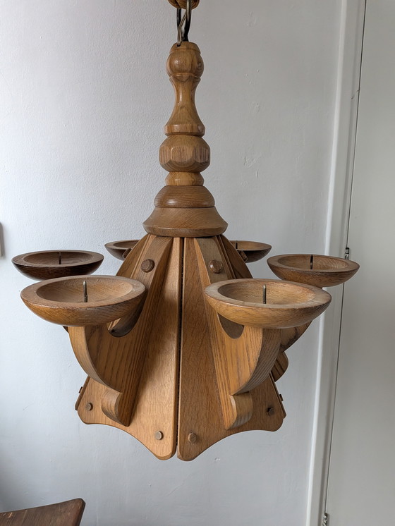 Image 1 of Vintage eikenhouten brutalistische kroonluchter uit de jaren 70