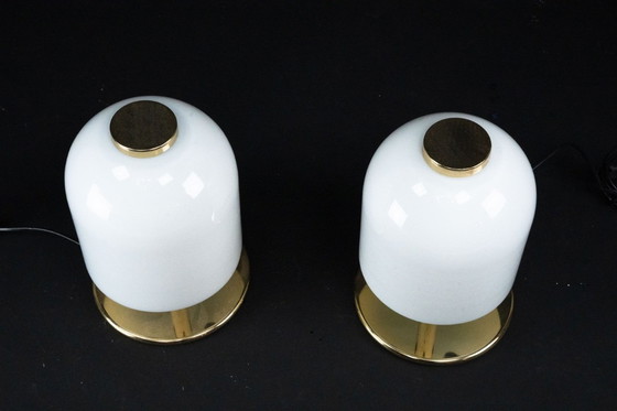 Image 1 of Pair of 1980s Italian Murano Lattimo Glass Mushroom Bedside Lamps