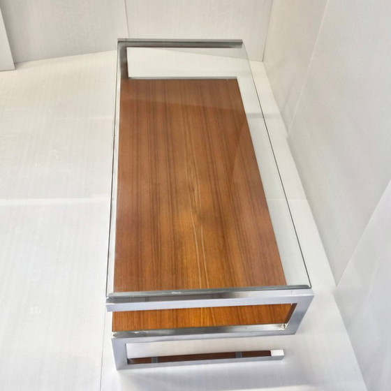 Image 1 of Vintage salontafel uit de jaren 60 van verchroomd staal met teakfineer en glazen blad. DLG Belgo Chrome