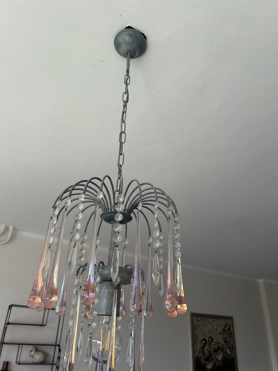 Image 1 of Lustre vintage orné de stalactites et de pampilles en verre, style Murano