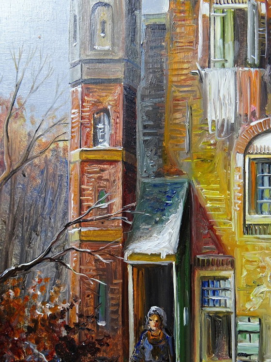Image 1 of Large framed urban scene oil painting on wood by John Haanstra, vintage