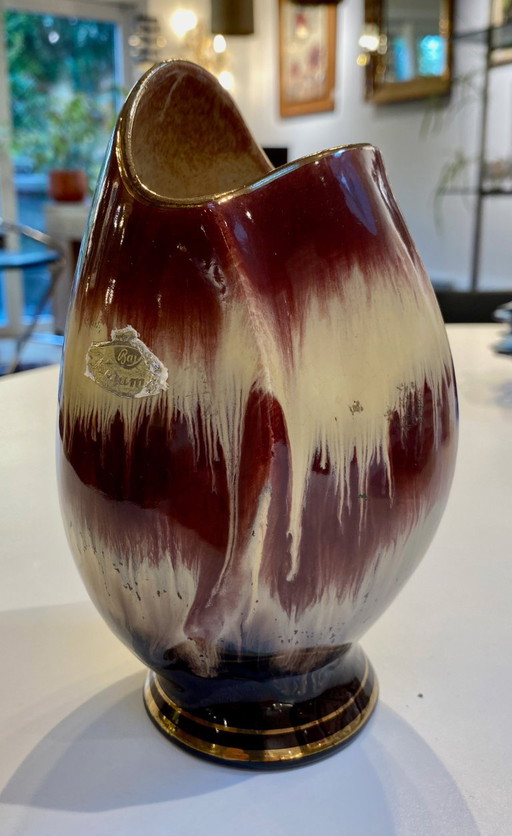 Vase Vintage Bay Keramik 540-17 – Col Asymétrique & Glaçage Flammé Bordeaux / Crème (Années 50-60)