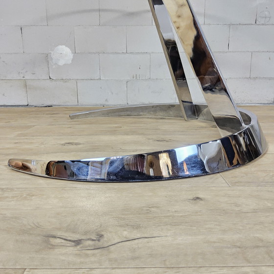 Image 1 of Vintage Frans Space Age Design Eetkamer set Boris Tabacoff Frankrijk 1970 chromen glazen eettafel + 4 leren stoelen