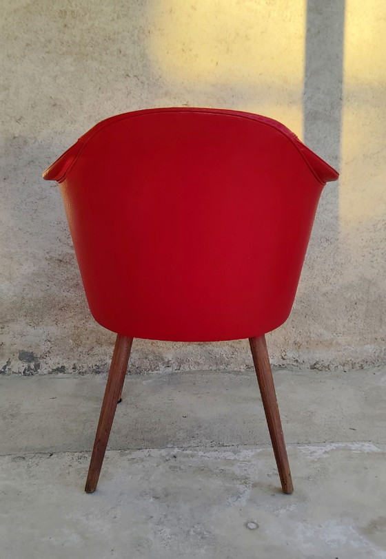 Red moleskin and wood cocktail armchair - 1960s, Side chairs (photo 5 of 8)