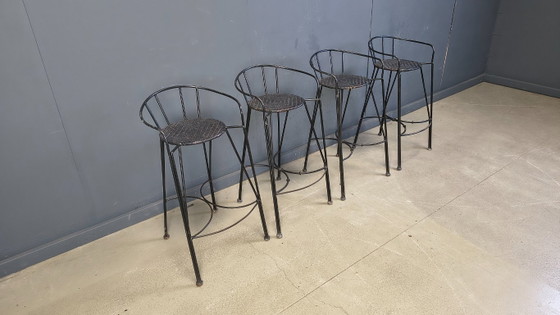 Image 1 of Tabourets de bar vintage en fer forgé et rotin, lot de 4 - années 1970