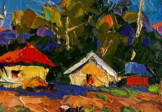 Image 1 of Original Oil Painting Summer Village Landscape Sunny day in the garden