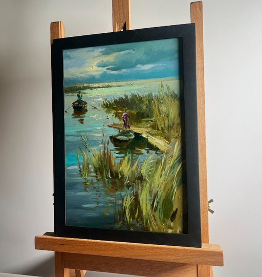 Peinture à l'huile originale représentant un paysage côtier au coucher du soleil
