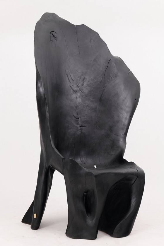 Image 1 of Fauteuil trône en bois noir carbonisé aux formes organiques par Logniture
