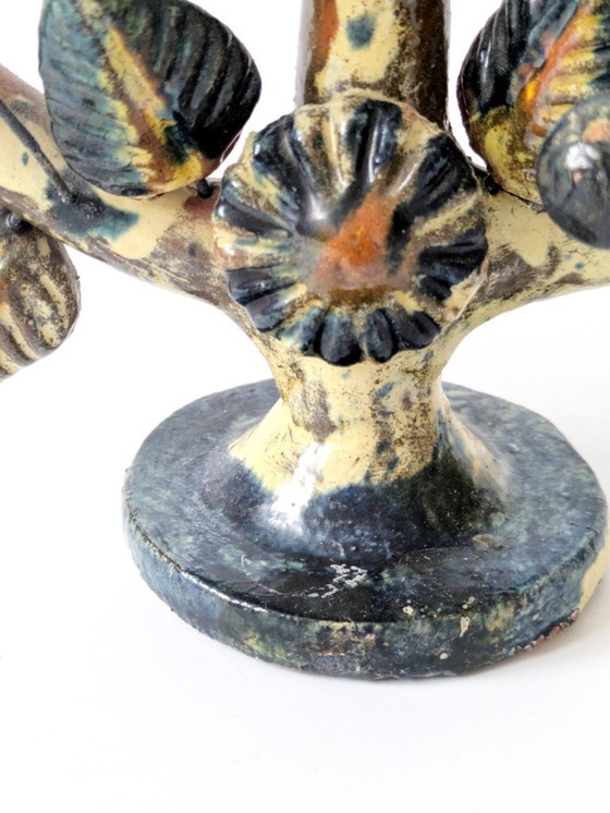 Image 1 of Vintage Mexican Tree of Life Ceramic Candleholder, 1970s Folk Art Candelabra with Birds & Flowers