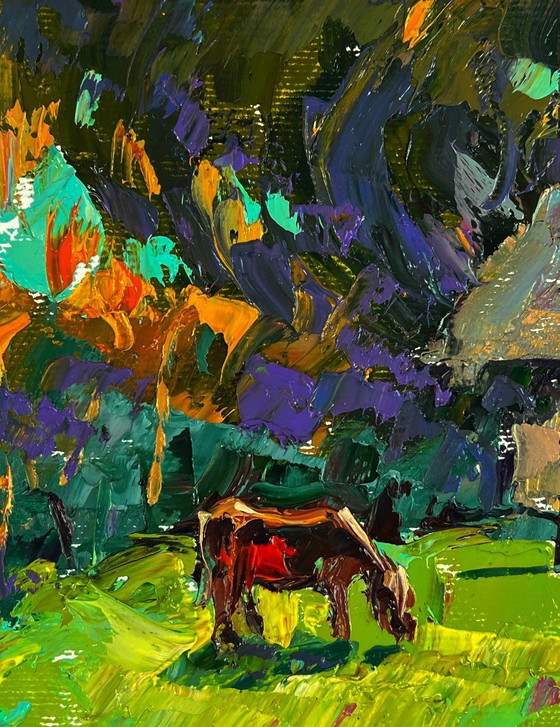 Image 1 of Peinture à l'huile originale représentant un paysage rural et une journée d'été au village