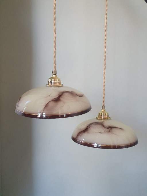 Set vintage gemarmerde opaline hanglampen