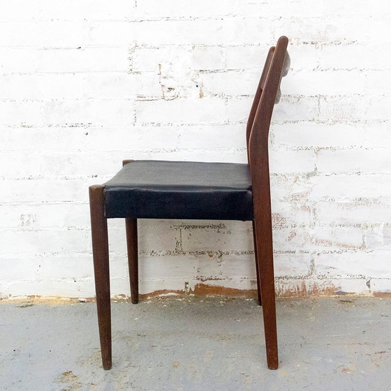 Image 1 of Teakhouten en zwart lederen stoelen, jaren 1950, set van 6
