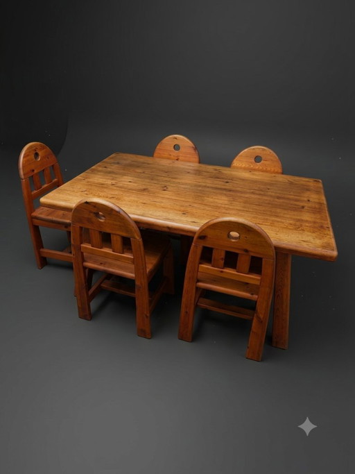 Set da pranzo composto da 5 sedie e tavolo in legno massello - stile brutalista, wabi-sabi, giapponese – eetkamerset, Wood