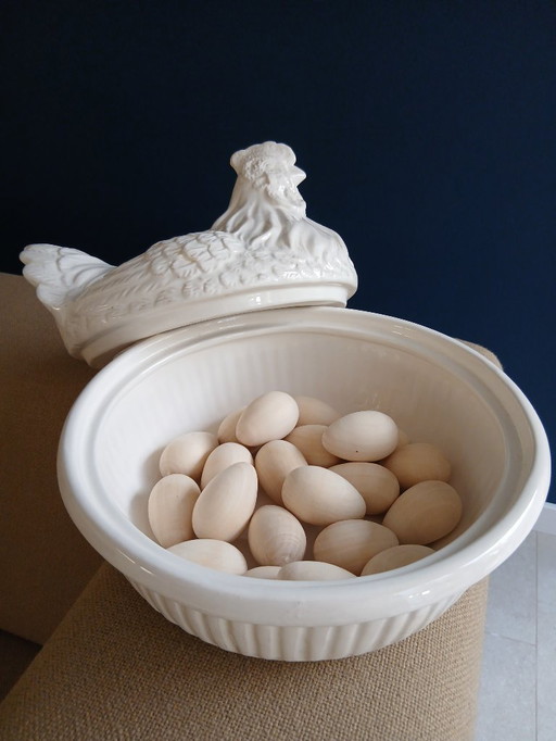 Bol rétro en faïence avec couvercle (à motif poulet)