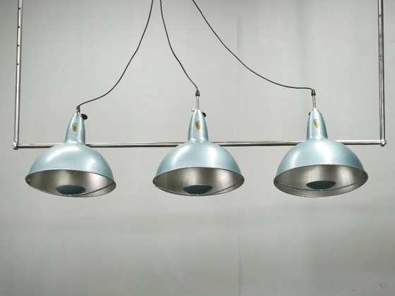 A.L.F. Firenze Italian Industrial Three-Light Chandelier, 1970s – Metal (photo 2 of 11)