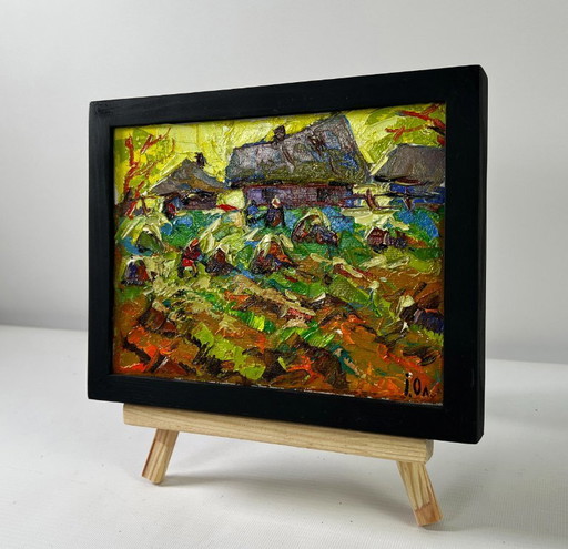 Original Oil Painting Evening Village Landscape Autumn gardens