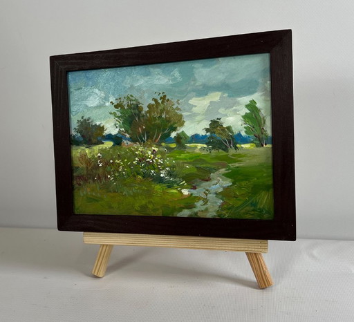 Origineel olieverfschilderij: Zomerlandschap met een winderige zomerdag