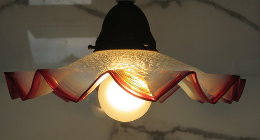 Lampada a sospensione in vetro Art Déco rosso bianco a zig zag rotondo