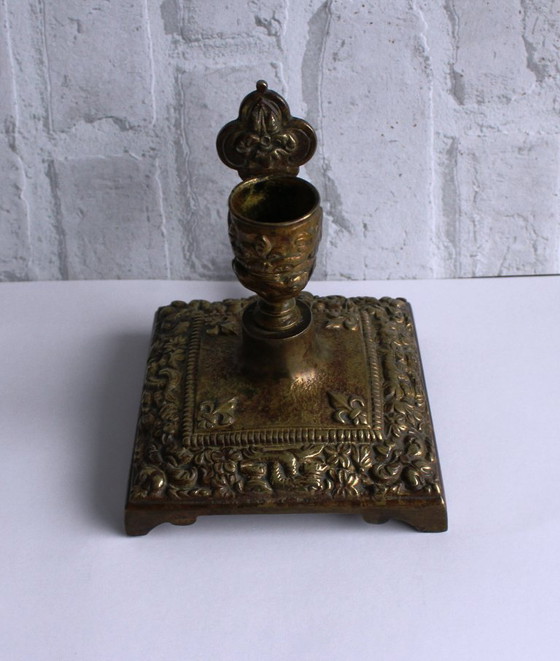 Image 1 of Antique bronze candlestick, Art Nouveau style, with lily decoration