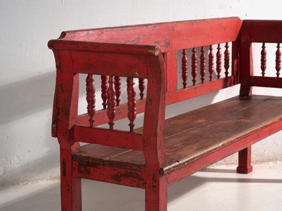 Antique red painted pine bench with turned back – Central Europe, circa 1900 – Benches, Rustic (photo 12 of 40)