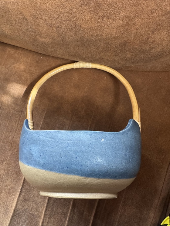 Vintage Studio Ceramic Ikebana Bowl / Basket with Bamboo Handle – 70s/80s (photo 3 of 6)