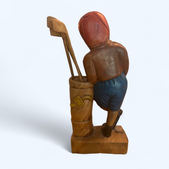 Image 1 of Vintage Hand Carved Wooden Statue - Golf Boy with Golf Clubs