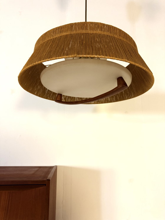 Image 1 of Lampada a sospensione vintage in teak e sisal, Temde Leuchten '60