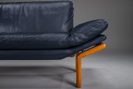 Image 1 of Danish Teak and Navy Blue Leather 2-Seater Sofa from Komfort, 1970s