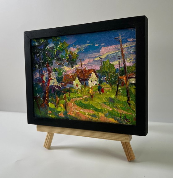 Image 1 of Original Oil Painting Rural Evening Landscape Edge Of The Village