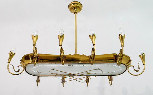After Pietro Chiesa Midcentury Italian Brass 12 Lights Candelier Fontana Arte
