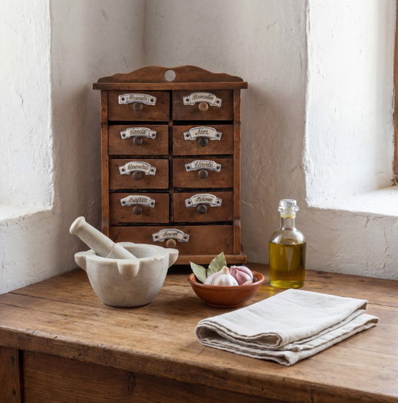 Image 1 of Armoire à épices murale rustique espagnole en bois avec étiquettes en céramique, années 1930