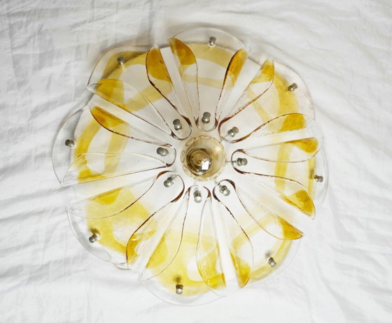Image 1 of 1970s Amber Glass Petal Ceiling Light, Murano Style Flush Mount, Vintage Hand-Blown Mid Century MCM Lamp