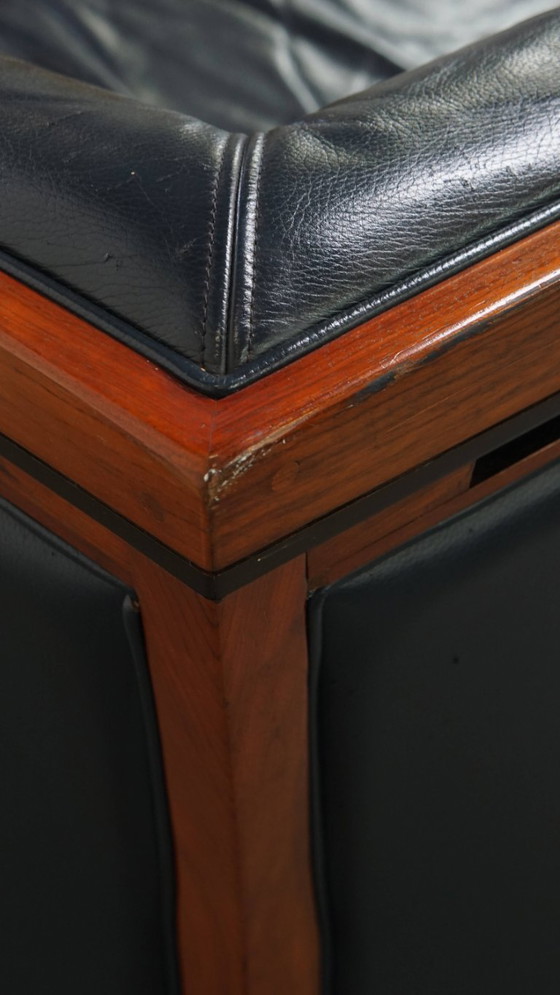 Image 1 of 2x 2,5-Sitzer Schuitema Art Deco Design Sofa mit Holzarbeiten und dunkelblauem Rindsleder