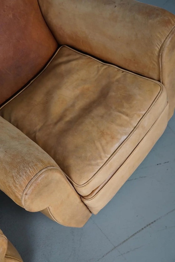 Image 1 of Coppia di poltrone da club francesi in pelle color cognac con schienali a baffo, anni '40