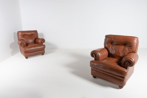 Paire de fauteuils club en cuir marron des années 1970, Italie