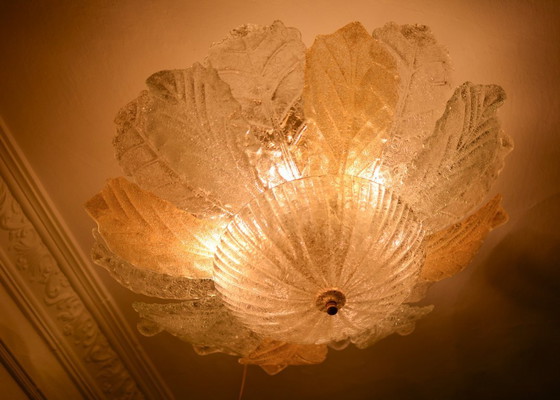 Image 1 of Grand lustre en verre de Murano en forme de feuille, plafonnier vintage italien, verre ambré transparent, luminaires de Murano d