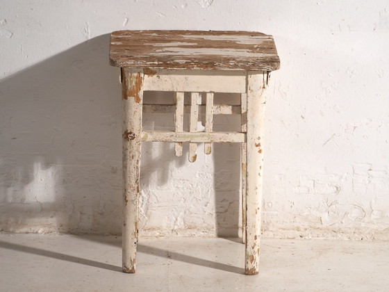 Antique Pine Wood Side Table, Central Europe, circa 1910, White, Rustic (photo 5 of 6)