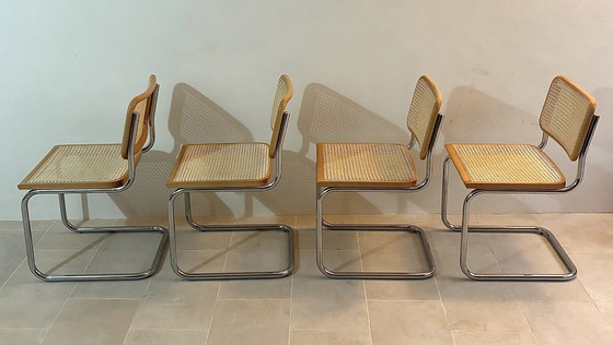 Image 1 of Set di sedie da pranzo a sbalzo in canna modello B32 in cromo di Cesca Italia, design di Marcel Breuer