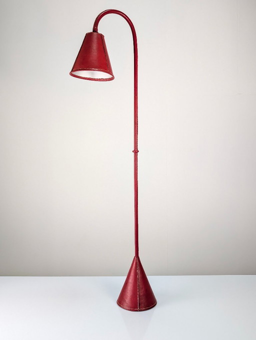 Jacques Adnet rode lederen vloerlamp, Mid-Century Modern, Frankrijk, jaren 60