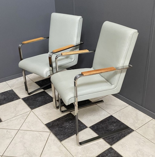 Sillas únicas de cromo y cuero gris, fabricadas bajo pedido en la década de 1980. – stoelen fauteuils, Leather, Wood