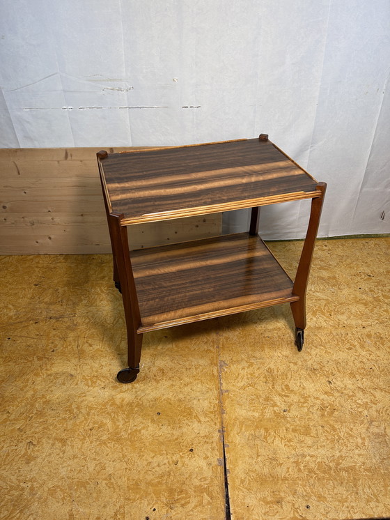 Image 1 of Mid-Century Retro Vintage Walnut Two-Tier Serving Trolley by Morris of Glasgow 1960