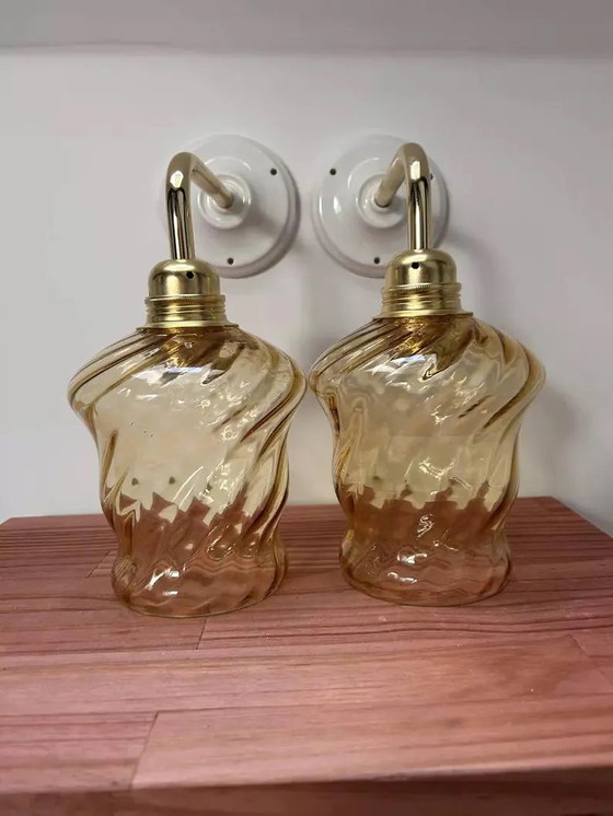 Image 1 of Set Of 2 Vintage Gold Glass Wall Sconces