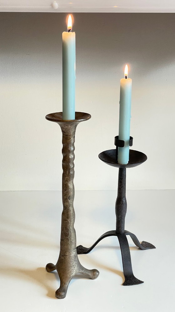 Image 1 of Een paar brutalistische vintage stalen kandelaars