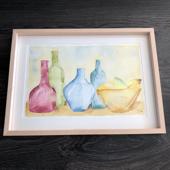Image 1 of Aquarell mit Flaschen und Früchten. Deutschland, 1990er Jahre.