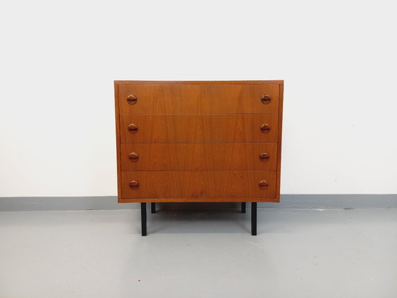 Image 1 of Vintage Scandinavische ladekast in teakhout en zwart metaal uit de jaren 60