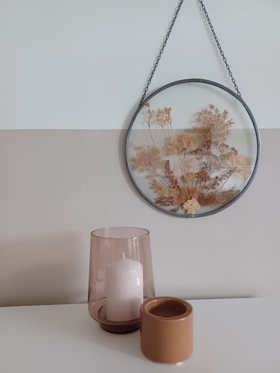 Image 1 of Vitrail botanique vintage des années 70. Fleurs et plantes séchées.