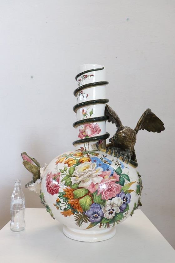 Image 1 of Majestic Ceramic Vase with Eagle and Crocodile, Italy Early 20th Century