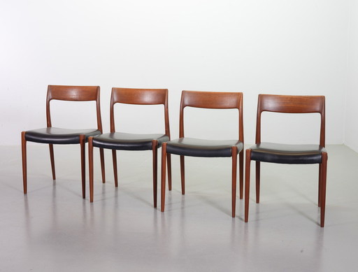 Niels Otto Moller Teak Wooden with Black Leather Dining Chairs, Model 77 - Set of 4