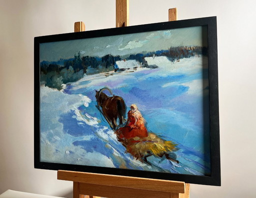 Original Oil Painting Winter Field Landscape Returning home on a winter evening