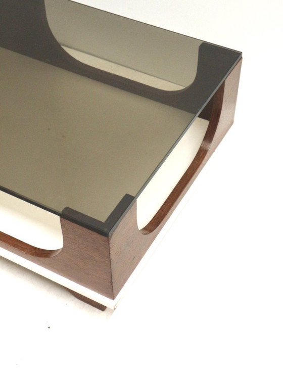 Image 1 of Space Age vintage coffee table with a smoked glass and wenge wood top from the 1970s